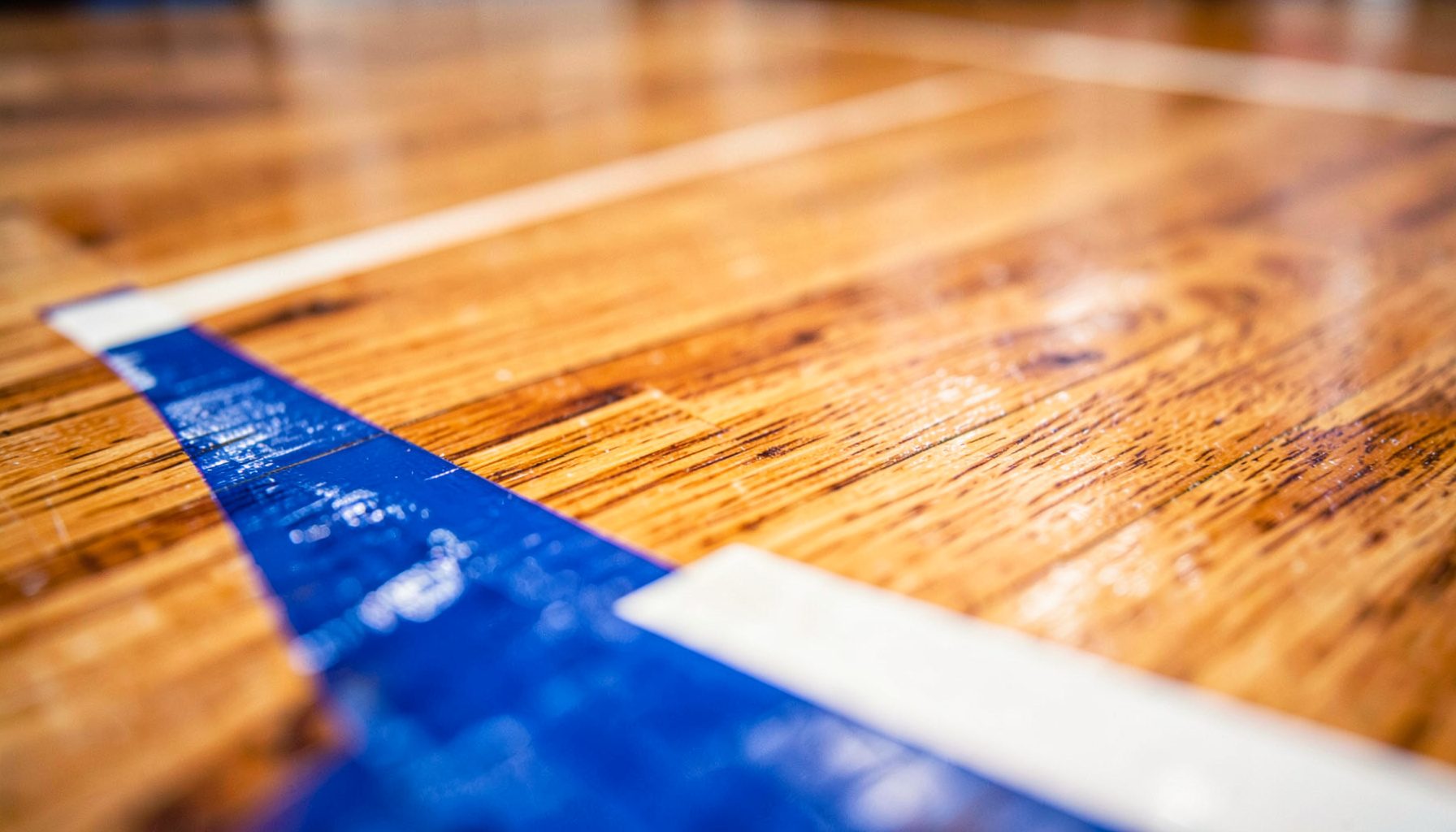 Basketball court hardwood in extreme close-up, polished maple grain with painted lane line, warm amber and white tones